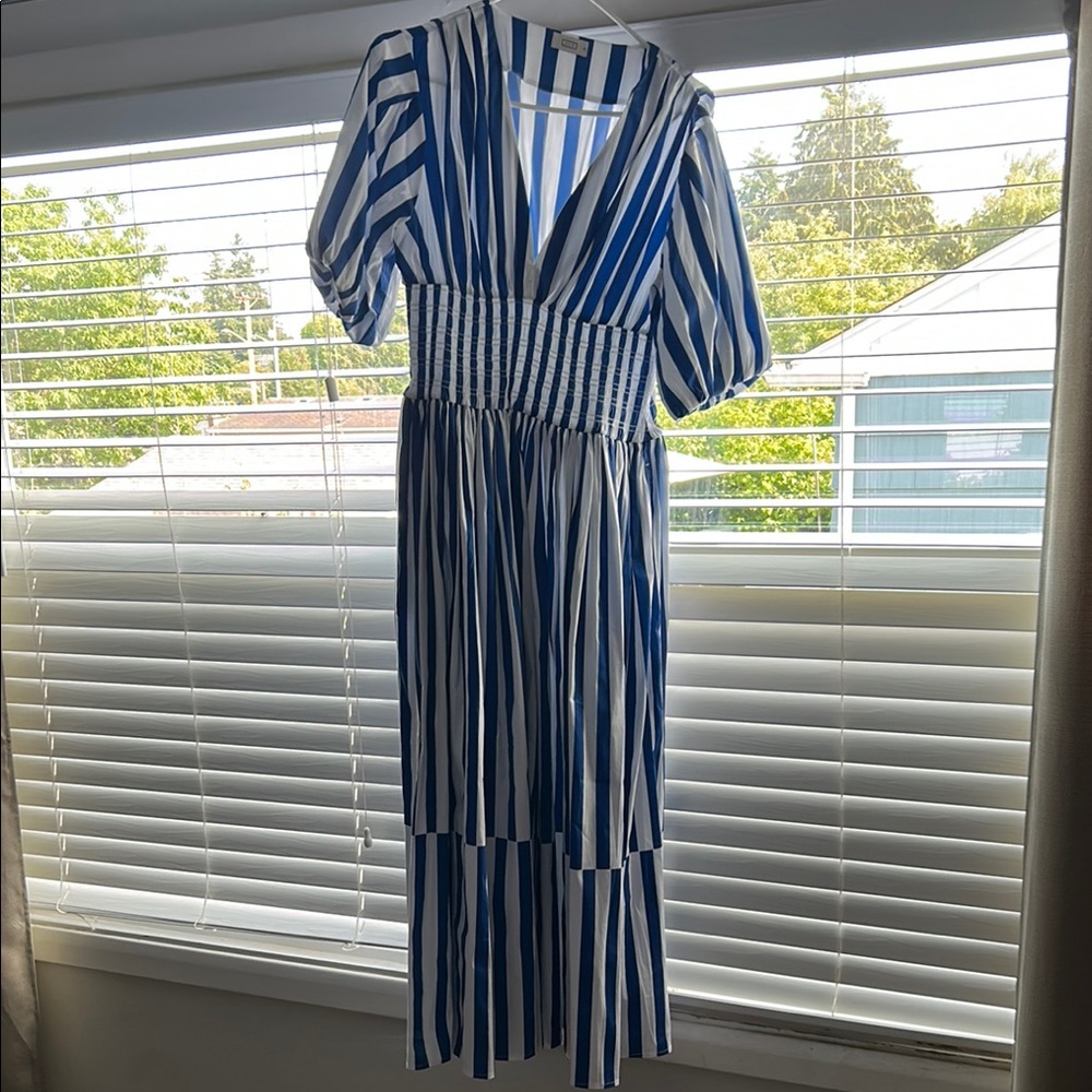 AYR Navy and White Vertical-Stripe Smocked Midi Dress